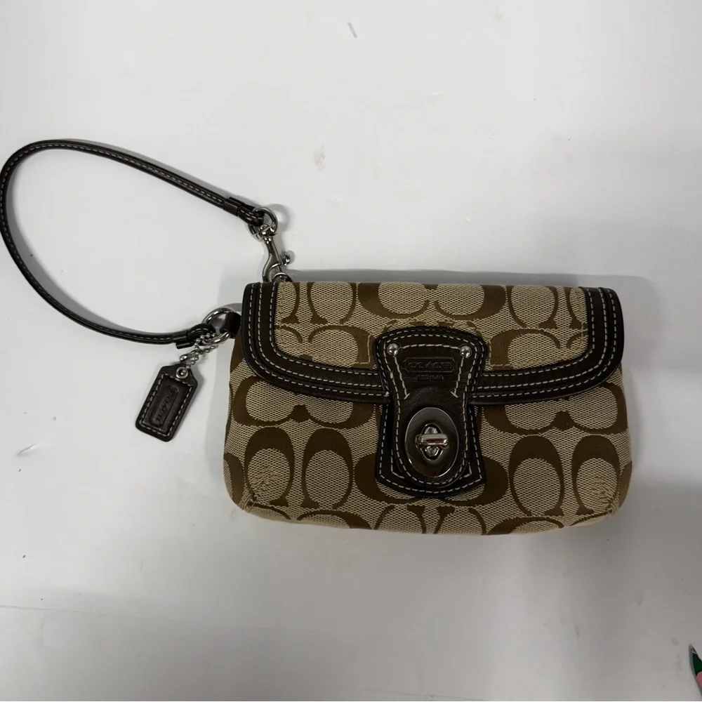 Coach Signature Wristlet Brown Canvas Mini Clutch Turnlock Small Bag